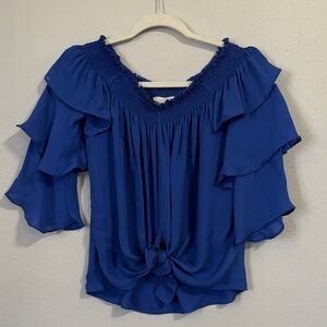 Nicole Miller Royal Blue Ruffle Off-Shoulder Tie-Front Top